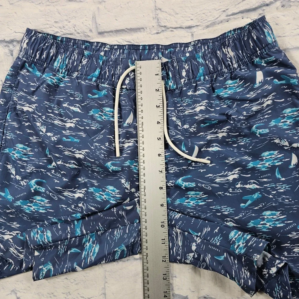 Lacoste Swim Trunks Mens M Blue Nautical Sailboat Print Drawstring Mesh Lining